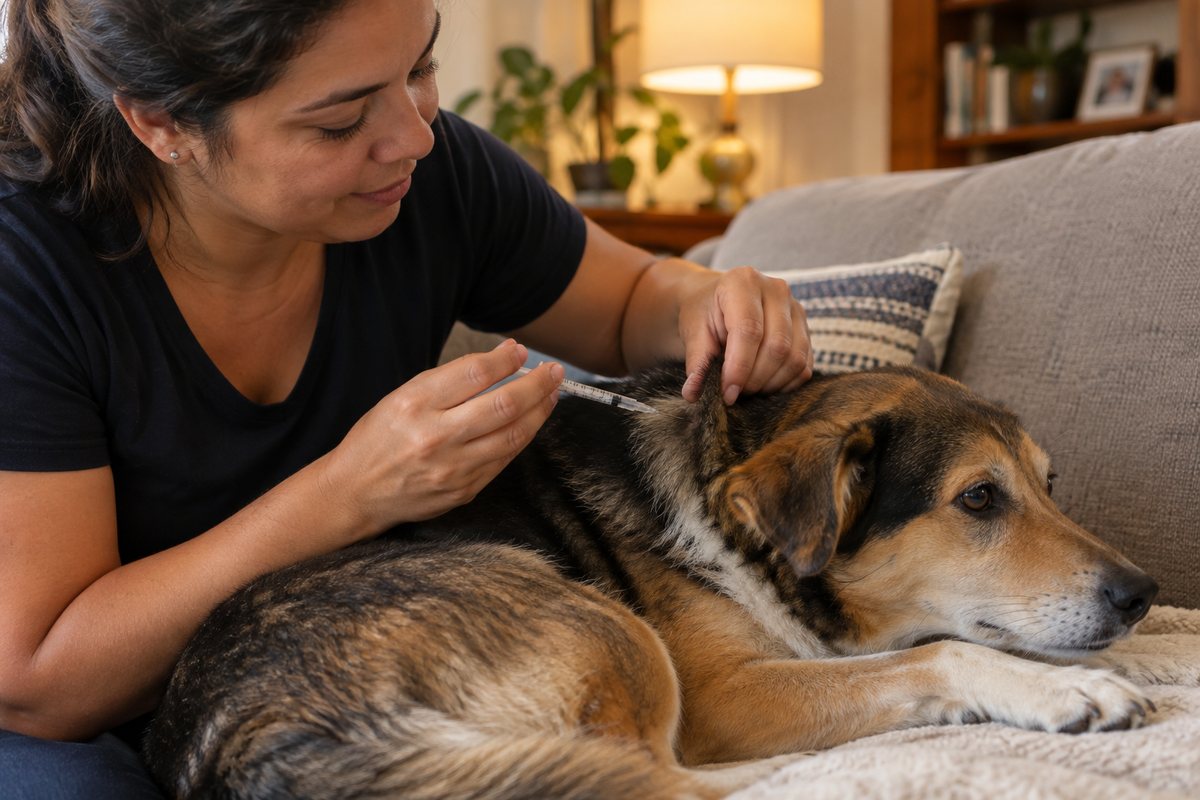 Tutora aplicando insulina com seringa na pele do dorso de um cão tranquilo