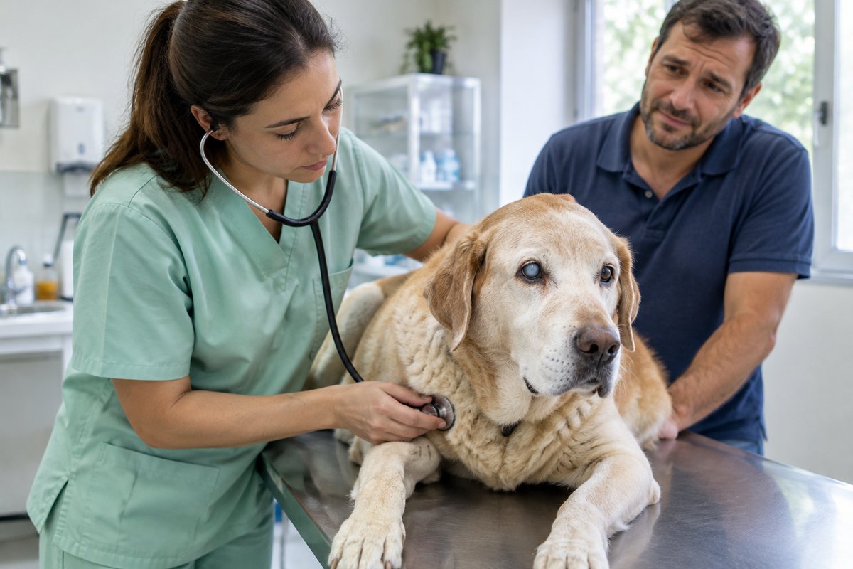 Veterinária examinando um cão idoso na mesa de consulta enquanto o tutor observa