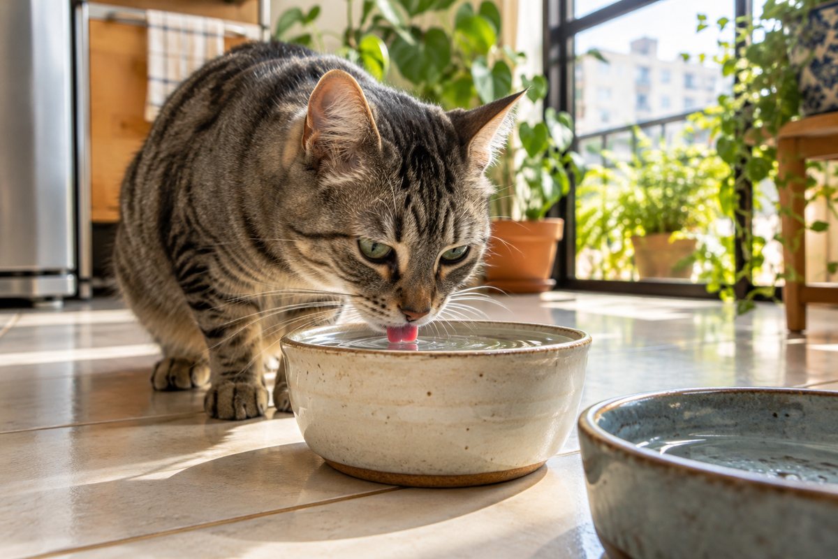 Gato bebendo água de uma tigela na cozinha, sinal comum de diabetes