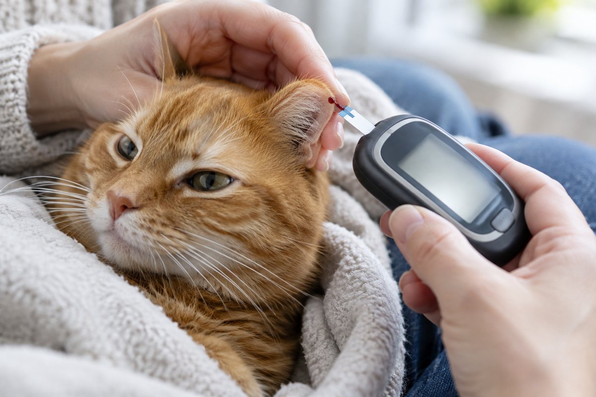 Tutor medindo a glicose de um gato com glicosímetro na ponta da orelha